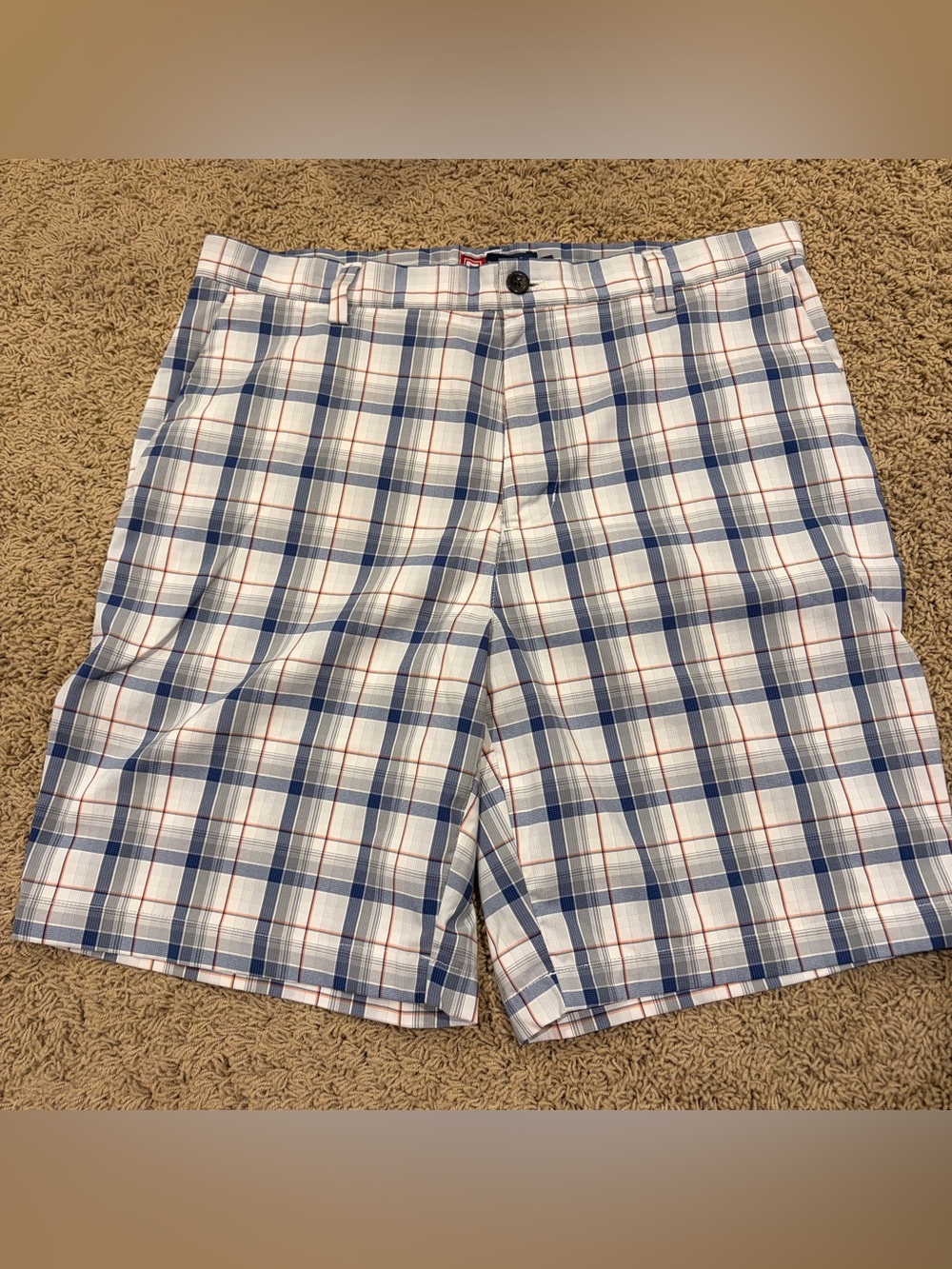 Chaps Men's Flat Front Blue Plaid Shorts Casual 9” Inseam Size 34 Pockets
